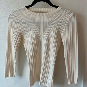 Cream Ribbed Fitted Long Sleeve Blouse